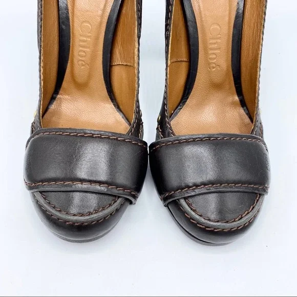 Chloe Brown Leather Round Toe Pumps Heels - Picture 5 of 14